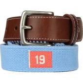 Peter Millar Woven Golf Belts - Limited Edition in Azure blue with brown leather and martini and golf flag designs